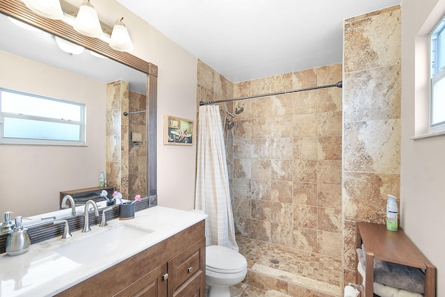 bathroom featuring vanity, toilet, and a stall shower