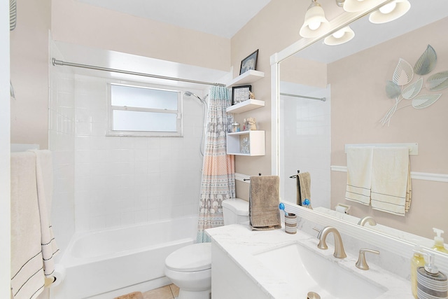 full bathroom featuring vanity, tile patterned flooring, toilet, and shower / bathtub combination with curtain