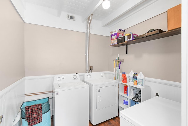 laundry room featuring separate washer and dryer and wood-type flooring