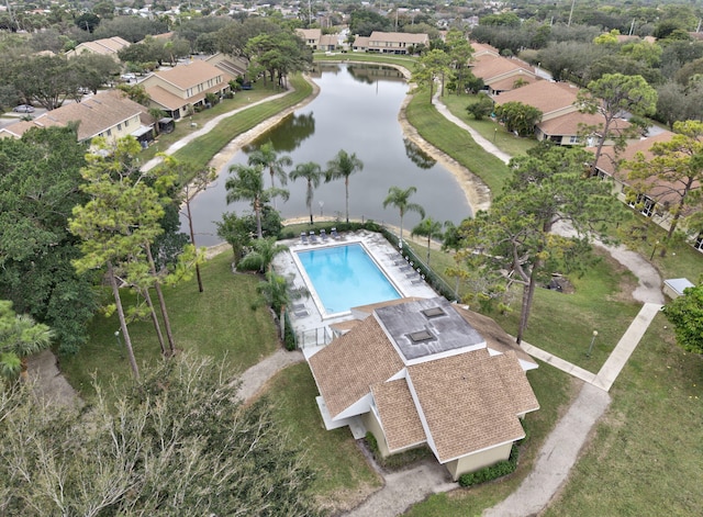 aerial view featuring a water view