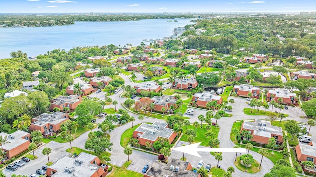 drone / aerial view featuring a water view