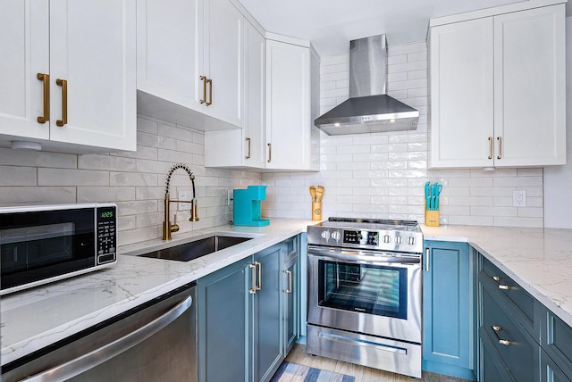 kitchen with wall chimney exhaust hood, white cabinetry, stainless steel appliances, sink, and backsplash