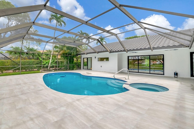 view of swimming pool with a lanai, an in ground hot tub, and a patio