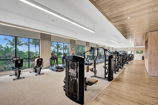 exercise room featuring light hardwood / wood-style floors and wood ceiling