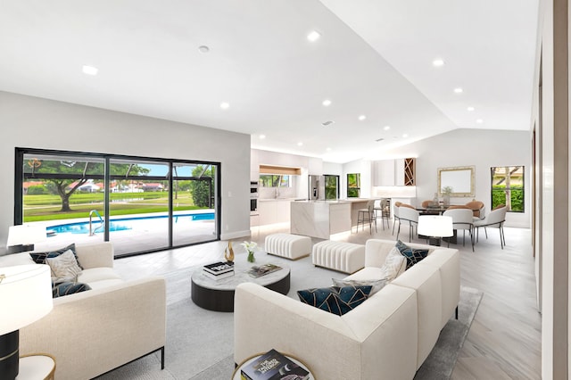 living room with vaulted ceiling, light wood-type flooring, and a healthy amount of sunlight