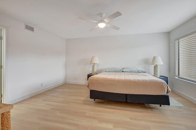 bedroom with ceiling fan and light hardwood / wood-style floors