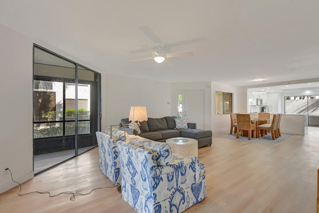 living room featuring expansive windows, ceiling fan, and light hardwood / wood-style floors