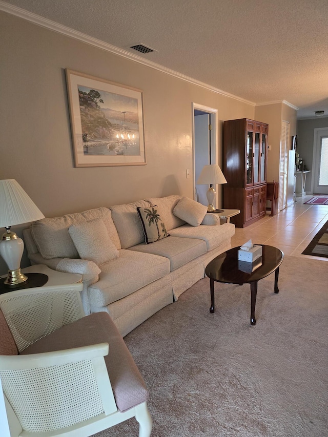 tiled living room with a textured ceiling and crown molding