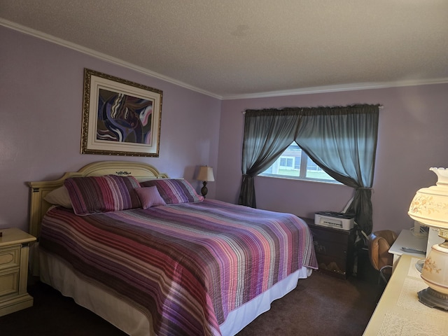 carpeted bedroom featuring a textured ceiling and crown molding