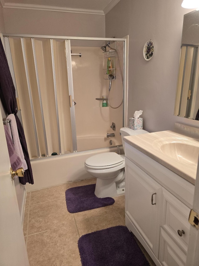 full bathroom featuring toilet, shower / tub combo with curtain, tile patterned flooring, crown molding, and vanity