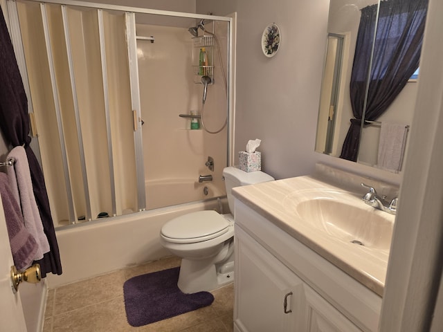 full bathroom with toilet, shower / bathtub combination with curtain, tile patterned floors, and vanity