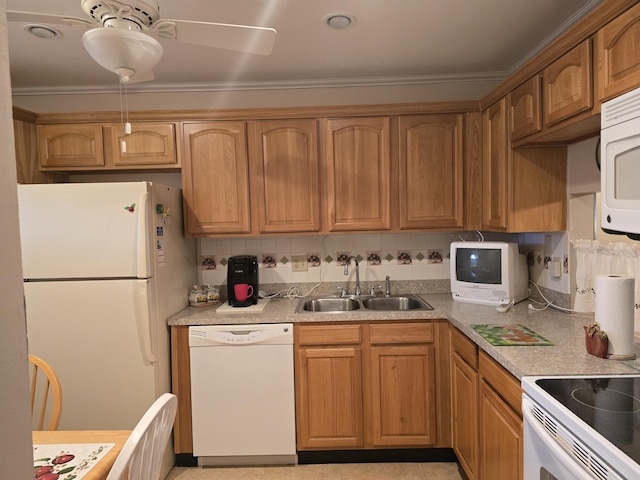 kitchen with decorative backsplash, sink, crown molding, white appliances, and light tile patterned floors