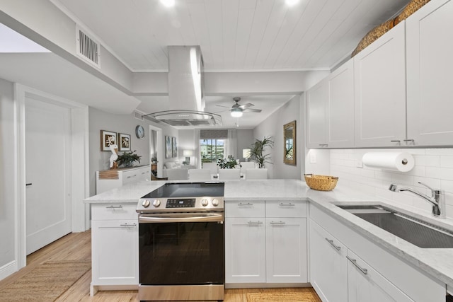 kitchen featuring tasteful backsplash, white cabinetry, island exhaust hood, sink, and stainless steel range with electric cooktop