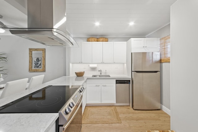 kitchen with sink, white cabinetry, appliances with stainless steel finishes, and island exhaust hood