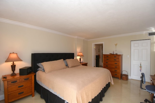 bedroom with light tile patterned flooring and ornamental molding