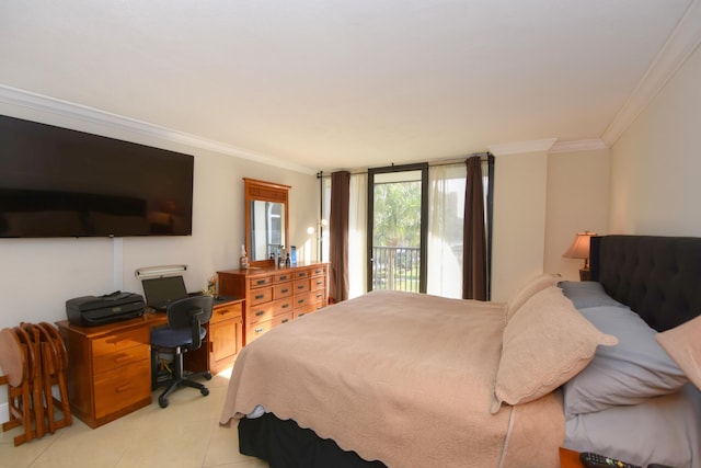 tiled bedroom with crown molding and access to outside