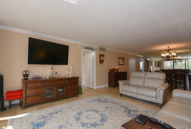 living room featuring ornamental molding, light tile patterned flooring, and a chandelier