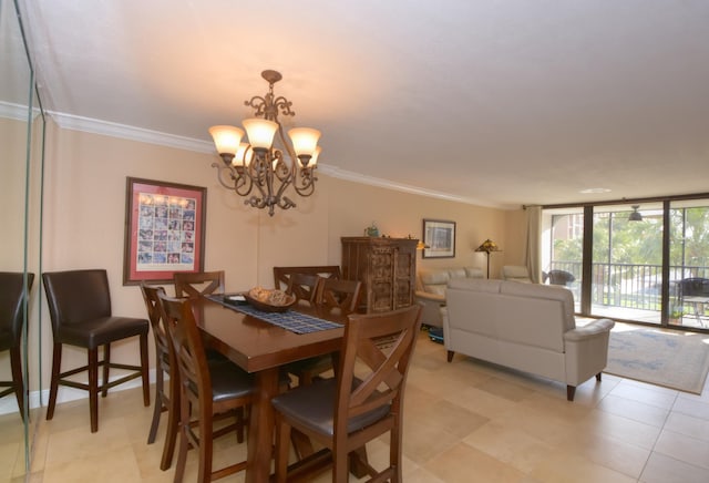 tiled dining room with a notable chandelier, crown molding, and a wall of windows