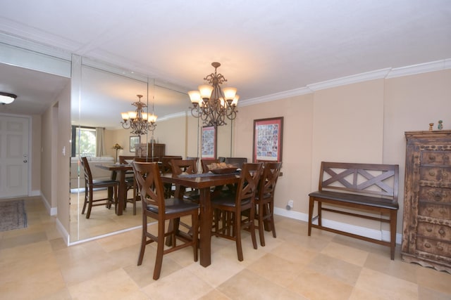 dining area with an inviting chandelier and crown molding