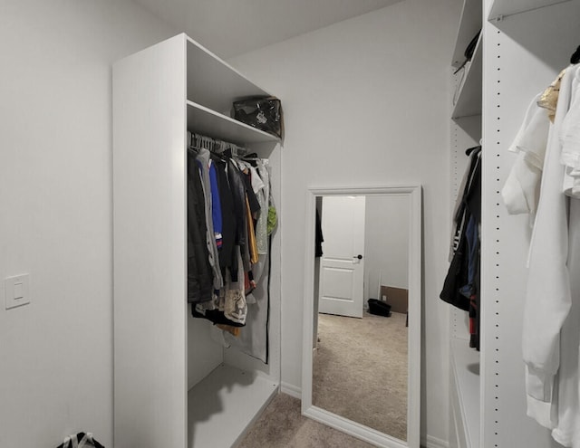 walk in closet featuring light carpet