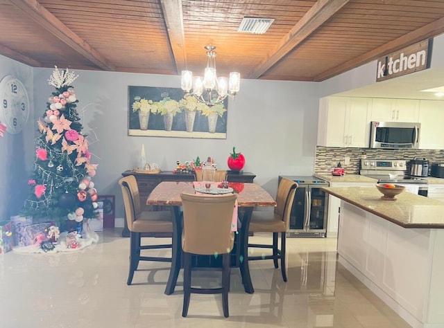 dining area with beamed ceiling, an inviting chandelier, and wooden ceiling