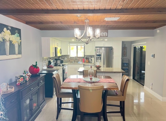 tiled dining room with wooden ceiling, sink, an inviting chandelier, and beamed ceiling