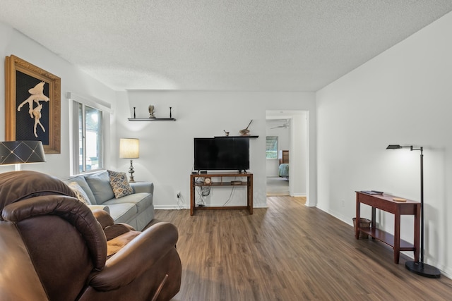 living room with dark hardwood / wood-style floors and a textured ceiling