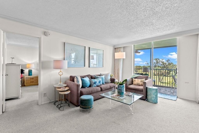 carpeted living room with crown molding, floor to ceiling windows, and a textured ceiling