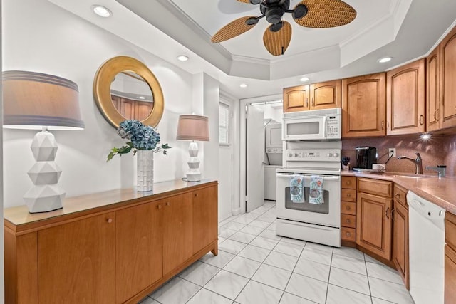 kitchen featuring white appliances, recessed lighting, ceiling fan, and ornamental molding