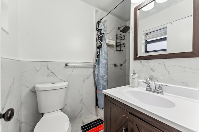 bathroom featuring toilet, tile walls, a shower with curtain, and vanity