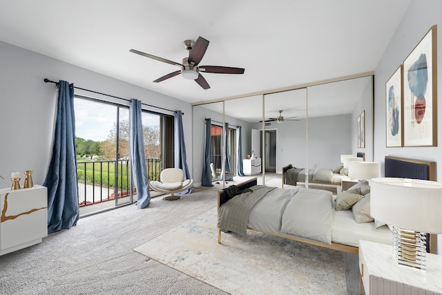 carpeted bedroom with radiator heating unit, access to outside, and ceiling fan