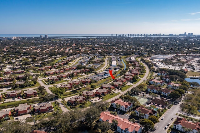 aerial view featuring a water view