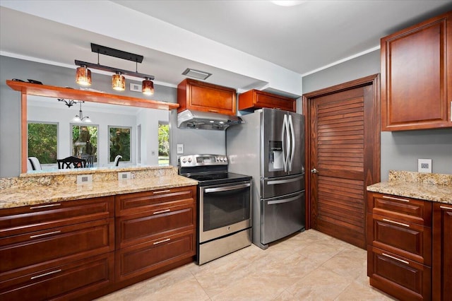 kitchen featuring stainless steel appliances, decorative light fixtures, range hood, and light stone countertops