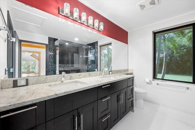 bathroom with vanity, toilet, and walk in shower