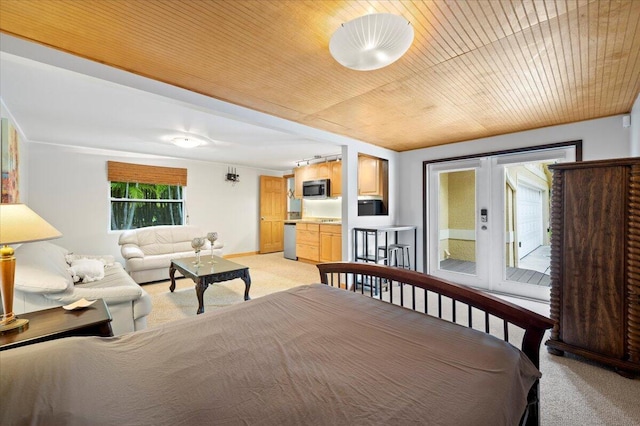 carpeted bedroom with french doors, access to exterior, and wooden ceiling