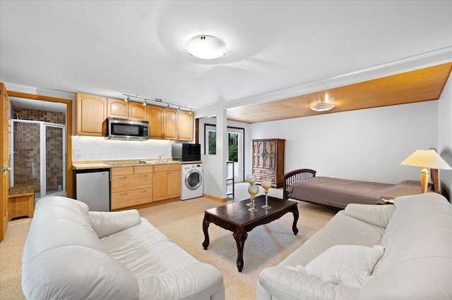 living room with light colored carpet, washer / clothes dryer, and sink