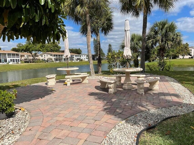 view of patio / terrace with a water view