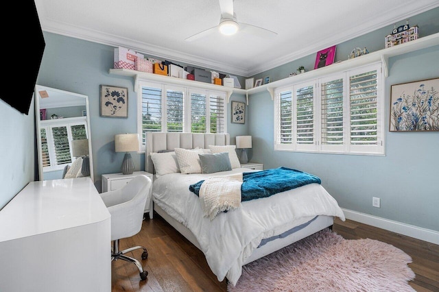 bedroom with dark hardwood / wood-style flooring, ornamental molding, and ceiling fan