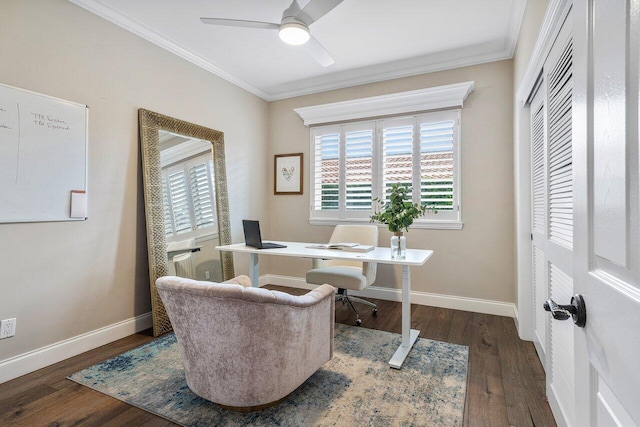 home office featuring ceiling fan, crown molding, dark hardwood / wood-style floors, and a healthy amount of sunlight