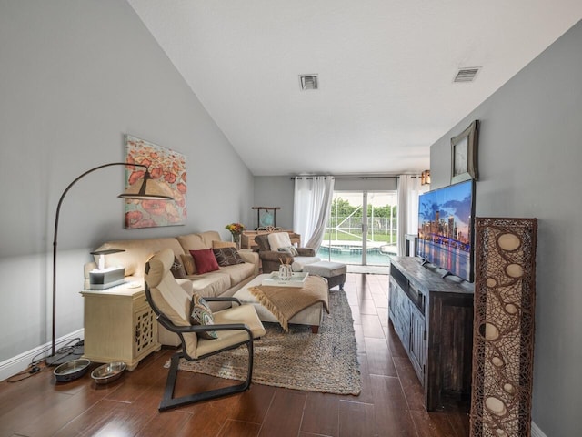 living room featuring dark wood-type flooring