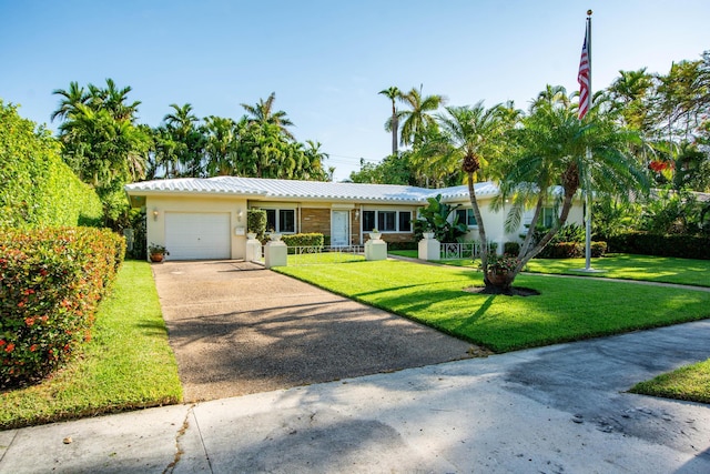 single story home featuring a fenced front yard, stucco siding, concrete driveway, an attached garage, and a front yard