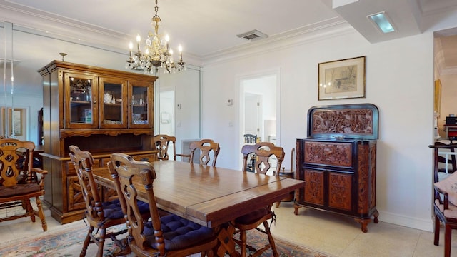 dining area with light tile patterned floors, baseboards, visible vents, ornamental molding, and a chandelier