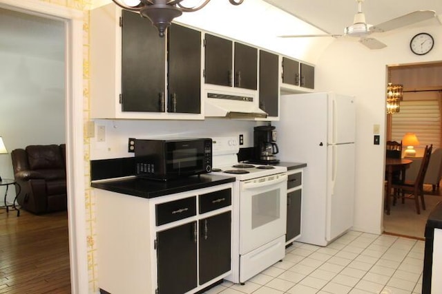 kitchen with ceiling fan, white appliances, and light tile patterned flooring