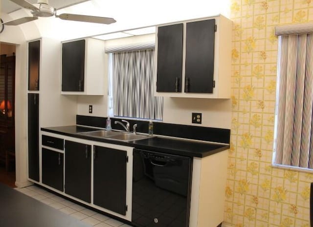 kitchen with ceiling fan, black dishwasher, and sink