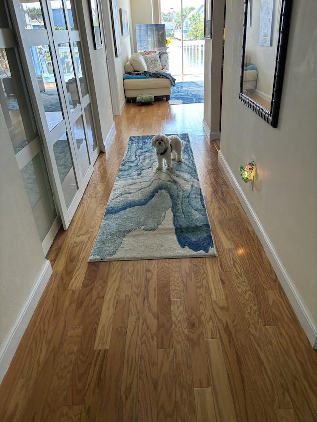 hallway with baseboards and wood finished floors