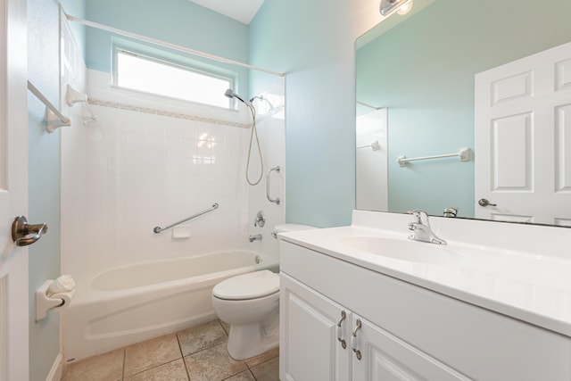 full bathroom featuring toilet, vanity,  shower combination, and tile patterned flooring