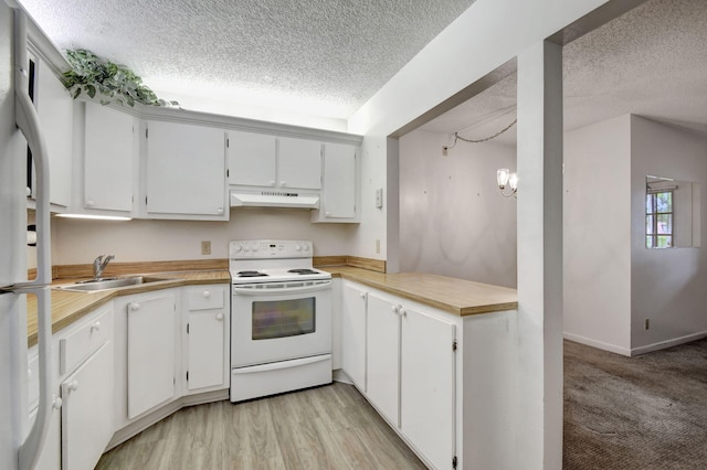 kitchen featuring white cabinetry, sink, white appliances, and a textured ceiling