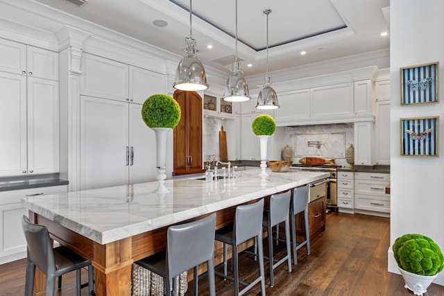 kitchen with a large island with sink, decorative backsplash, white cabinets, and a tray ceiling