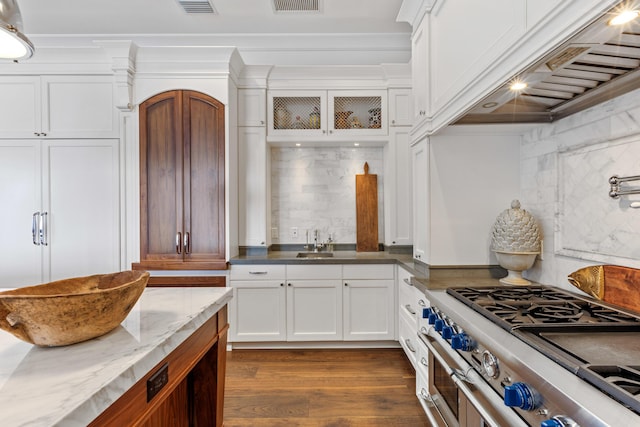 kitchen featuring custom exhaust hood, backsplash, white cabinets, and premium appliances