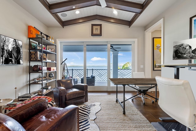 office featuring ceiling fan, vaulted ceiling with beams, wood ceiling, and dark hardwood / wood-style flooring